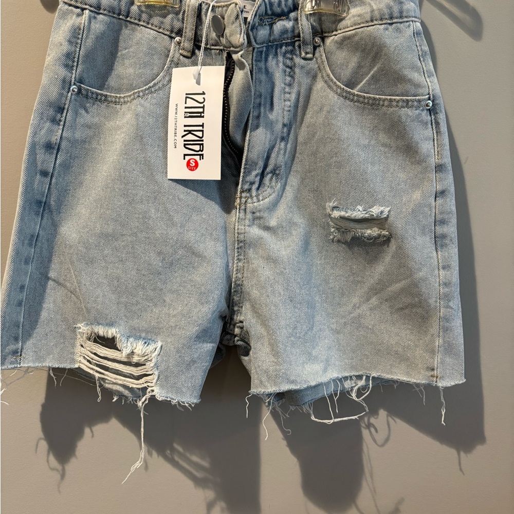 12th Tribe Women's Distressed Denim Shorts - Light Blue